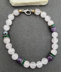 Estate Natural Amethyst Rose Quartz Hematite 14k Gold Bead Bracelet 9" - Picture 1 of 8