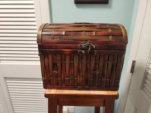Brown with a little Red Vintage Bamboo Trunk With Brass Lock And Dome Lid - Picture 1 of 7