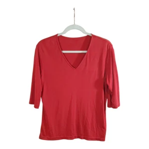 Red 100% Silk 3/4 Sleeve V-neck Top Workwear Office Casual Classic Women's Large - Picture 1 of 5