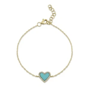 14K Yellow Gold Heart Turquoise Diamond Bracelet Charm Womens Natural Love .69CT - Picture 1 of 3