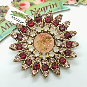 Michal Negrin Brooch Red Sunflower Rose Cameo & Swarovski Crystals Pin Gift New  - Picture 1 of 12