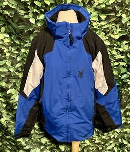 Spyder Jacket Water Resistant Hooded Coat Zipper Pocket Black Blue Boys 10 - Picture 1 of 11