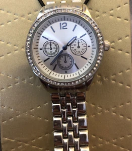 NIB Stainless Steel Watch Pearl Tone Watch Face Blue Accents Orig $29.99 - Picture 1 of 4