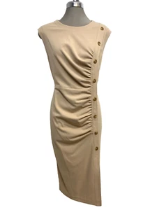 Calvin Klein Elegant Nomad Tan Front Rucked Buttons Career Work Sheath Dress 12 - Picture 1 of 5