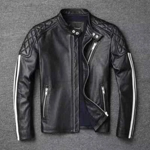 Mens Black Leather Quilted Jacket White Stripe Biker Genuine Lambskin  - Picture 1 of 4