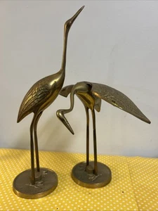 Vintage Pair Solid Brass Stork Crane Egret Heron Bird Etched Statues Korea 12” - Picture 1 of 14