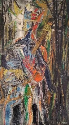 Très Belle Peinture D' HÉLÈNE, AZENOR  Huile Sur Isorel Saltimbanques Arlequins - Photo 1/4