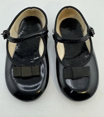 Zapatos de bebé infantil vintage charol negro brillante Mary Jane con lazos talla 3 Foto 1 de 4