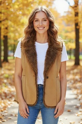 Fever - Chaleco Completo de Piel Sintética de Colección, Gamuza Poliéster, Talla L Tostado, Cierre de 1 Botón Foto 1 de 4