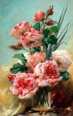 Bodegón pintura al óleo de rosas en jarrón de vidrio impreso sobre lienzo L3754 Foto 1 de 4