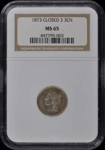 1873 CLOSED 3 Three Cent Piece - Copper Nickel 3CN NGC MS65 - Picture 1 of 4