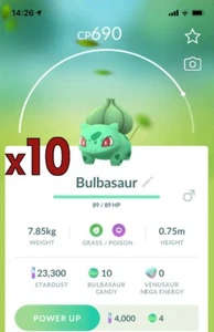 ¡Paquete de 10 Pokémon Bulbasaur!! ¡Buena oportunidad de suerte y buenos IV!! Go - Imagen 1 de 1