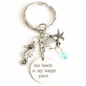 The Beach is My Happy Place Silver Charm Keychain Gift for Ocean Lovers
