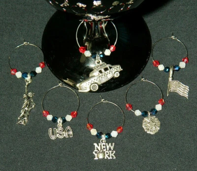 New York USA Wine Glass Charms Set of 6 NEW Red White Blue Drink Markers - Image 1 of 3
