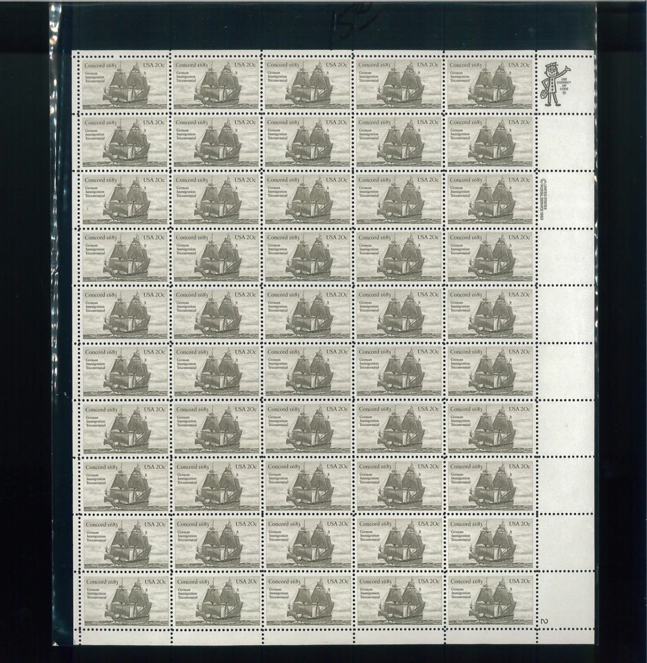 United States 20¢ Concord Galleon Ship Postage Stamp #2040 MNH Full Sheet - Image 1 of 1