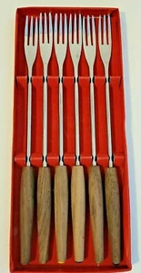 Juego de 6 tenedores de fondue de colección manijas de madera modernas de mediados de siglo Styson Japón en caja - Imagen 1 de 8