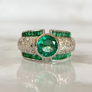 Platinum 1.48ct Center Emerald Ring w/ Single Cut Diamond and Emerald Accents