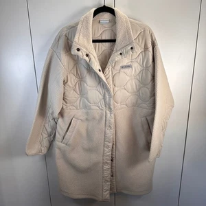 Columbia Womens Lg Quilted Sherpa Lined Long Jacket Beige Snap Front Cottage - Picture 1 of 9