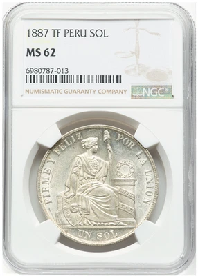 1887 Peru Silver 1 Sol TF NGC MS 62, Luster - Image 1 of 4