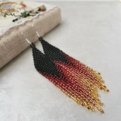 Black gold long seed bead fringe earrings Boho dangle beaded jewelry gift women - image 1 of 4