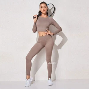 Women's Sportswear Yoga Set Sports Legging Bra Crop Top Long Sleeve Yoga Suit - Picture 1 of 51