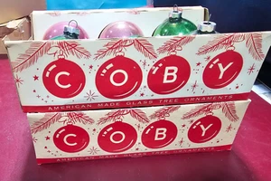 Vintage COBY 12 Glass Ornaments Mixed Colors in Box, 2 1/2" Great Graphics - Imagen 1 de 12