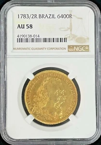 1783 / 2R Brazil  6400 Reis Gold Coin NGC AU 58 - Picture 1 of 2