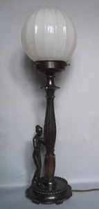 FRENCH ART DECO "NUDE GEISHA" FIGURAL TABLE LAMP w UMBRELLA GLOBE SHADE C.1930 - Picture 1 of 12