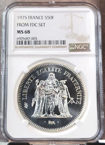 1975 FRANCE SILVER 50 FRANCS HERCULES FDC SET NGC MS 68 RARE GEM BU TOP POP - Picture 1 of 3