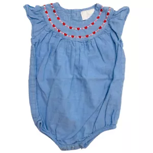 G02-Little English, 6-12M, s/s cotton short romper (6-12 Months,Blue/Red Hearts) - Picture 1 of 2