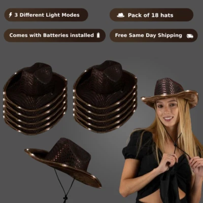 Chapéus de cowboy LED a granel – acenda lantejoulas piscantes chapéus de cowgirl ocidental pacote com 18 - Imagem 1 de 2