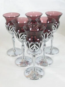 6 Farber Brothers KROME KRAFT Amethyst Crystal Cordial Glasses Chrome Stem - Picture 1 of 5