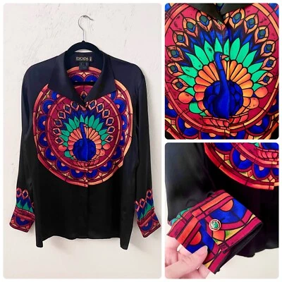 RARO Escada Vintage Seta Vetro Colorato Geometrico Pavone Top, 38 (US 8 M) - Immagine 1 di 4