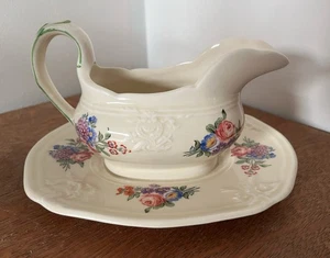 Mintons Gravy Boat Attached Underplate England 1940s Embossed Floral Spray Rose - Picture 1 of 9
