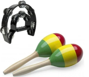 Hand Held Double Row Tambourine & Maracas Set Authentic Educational Musical - Picture 1 of 5
