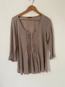 Wrap London Women Top Size 14 Linen Pleat Pullover Blouse Taupe Scoop Neck - Picture 1 of 7