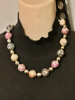 Pink/Blue/Tan/Gold Colored  Big Marbled Beaded Ball & Gold Tone Necklace - Image 1 of 4