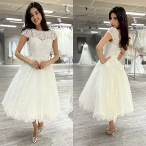 White Ivory Wedding Dresses Cap Sleeves Tea Length Lace Appliques Bridal Gowns - Picture 1 of 9