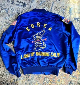 Vintage Herren blau Satin Korea Souvenir Bomberjacke US Flagge "John" Service... - Bild 1 von 6