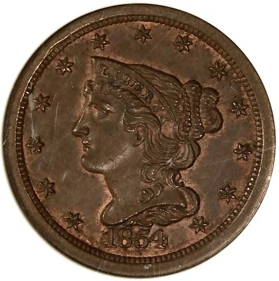 🤎🔥🤎🔥👍🏿😍👍🏿NGC MS65 BN 1854 BRAIDED HAIR HALF CENT  - Image 1 of 3
