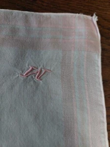 Mouchoir ancien coton bordure rose monogramme brodé M - Imagen 1 de 3