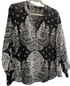 ANA Blouse Womens XL Black White Paisley Sheer Romantic WhimsiGoth Office Hippie - Picture 1 of 20