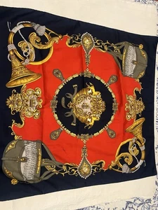 Vintage Seidentuch Reiter Wappen Kette Horn rot marine eckig Designer Style - Bild 1 von 6