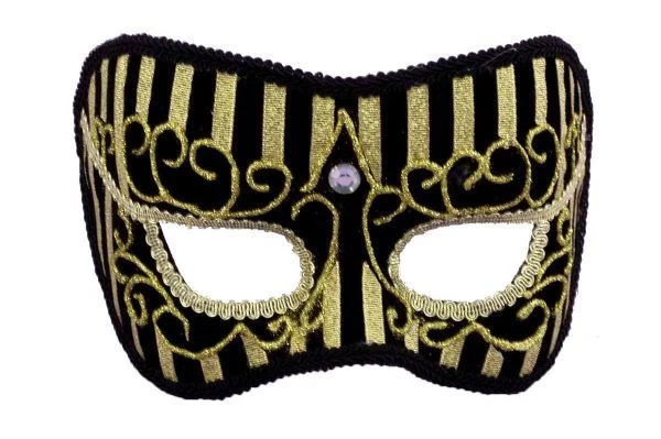 Mardi Gras Mask Blk Velvet Eye Mask W/ Gold Trim Glitter & Jewel On A Headband - Image 1 of 1
