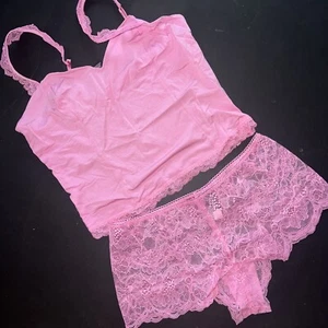 Victoria's Secret M CAMI SET TANK+PANTY modal lace PINK bright hibiscus cropped - Picture 1 of 3