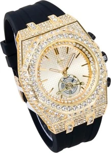 Iced Out Men's 43mm Iced Out Octagonal Case Silicone Band Watch - Picture 1 of 4