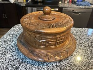 Vintage Large Wooden Cake Stand Lazy Susan & Lid Hand Carved in Phillipines Tiki