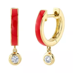 Pendientes Huggie Gotas Natural Oro Amarillo 14K Esmalte Rojo Diamante - Imagen 1 de 2