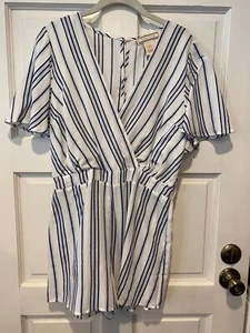 Flying Tomato Blue White Striped Romper Shirt Flutter Sleeve V Neck Large - Picture 1 of 6