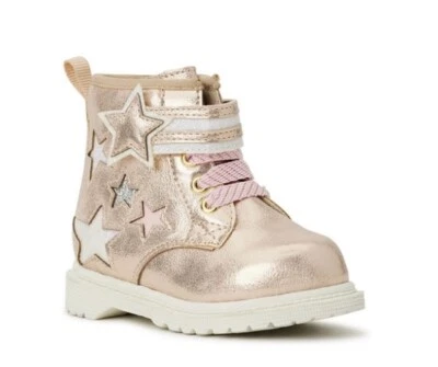 Botas de combate estrela bebê menina cadarços rosa zíper tamanho 2 crianças sapatos brilhantes - Imagem 1 de 4